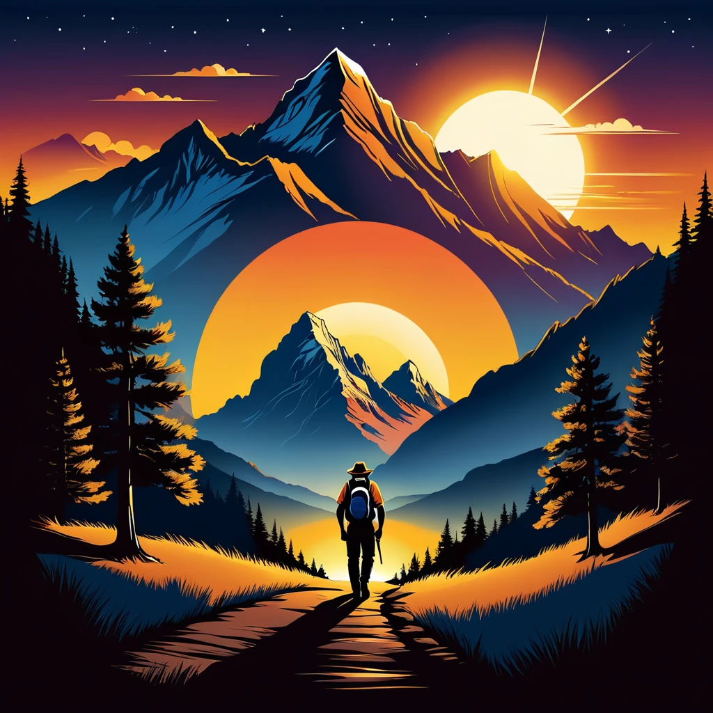 print ready vector t-shirt design, adventure scene with explorer, with beautiful nocturnal sun and mountain in the background, clean white background, professional vector, full shot, 8K resolution, deep impression illustration