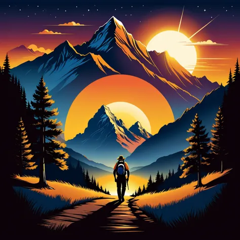 print ready vector t-shirt design, adventure scene with explorer, with beautiful nocturnal sun and mountain in the background, c...