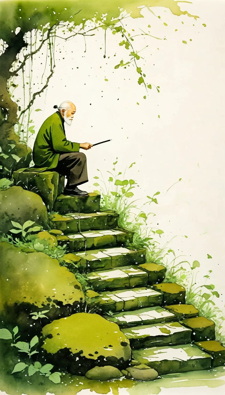 Chinese ink wash painting sketch：Light Ink，Lowercase，sketch，artistic conception，Old man on mossy steps，Minimalism，(((Negative Space,Bottom left composition)))