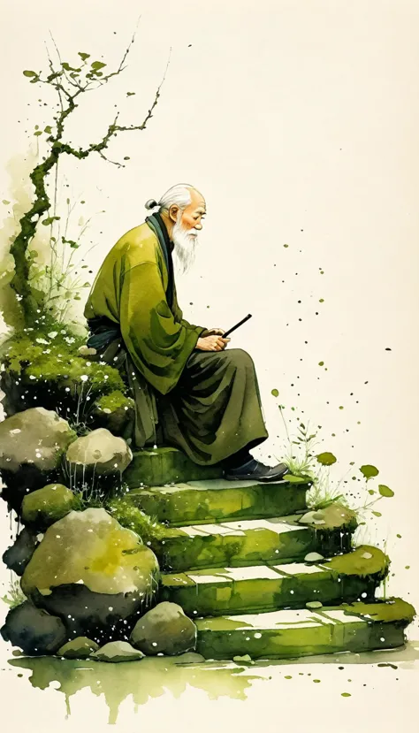 chinese ink wash painting sketch：light ink，lowercase，sketch，artistic conception，old man on mossy steps，minimalism，(((negative sp...