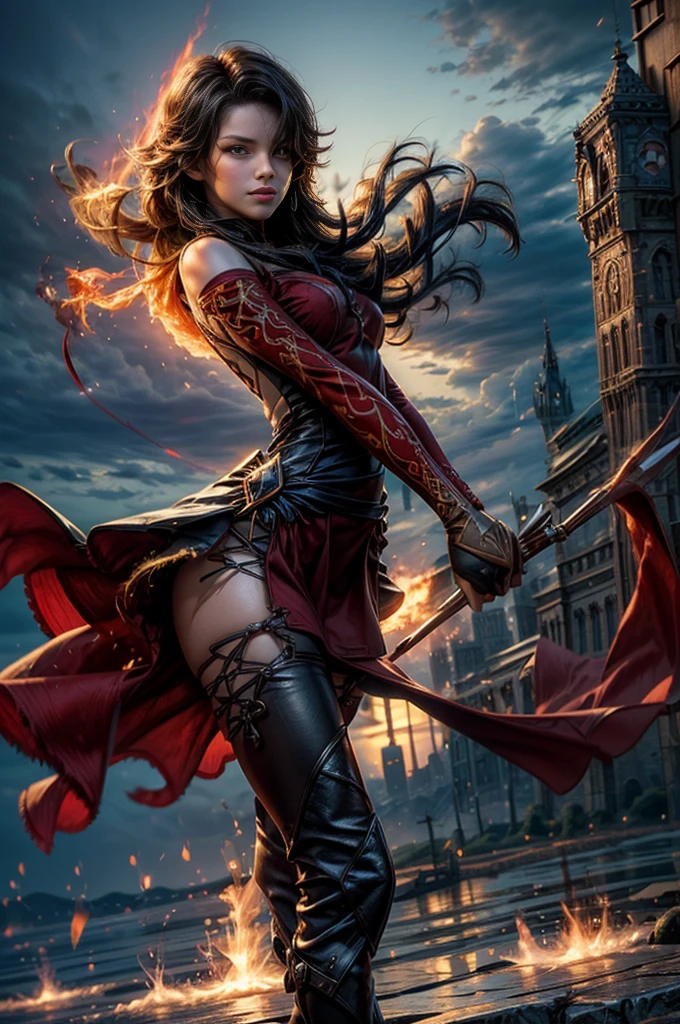 (masterpiece, best quality:1.2), cowboy shot, solo, 1girl, cinder fall, looking at viewer, long hair, red dress, elbow gloves, pantyhose, dynamic pose, flying, holding flames, high in the sky, blue sky, clouds, (volumetric lighting), sharp focus, hyper detailed 