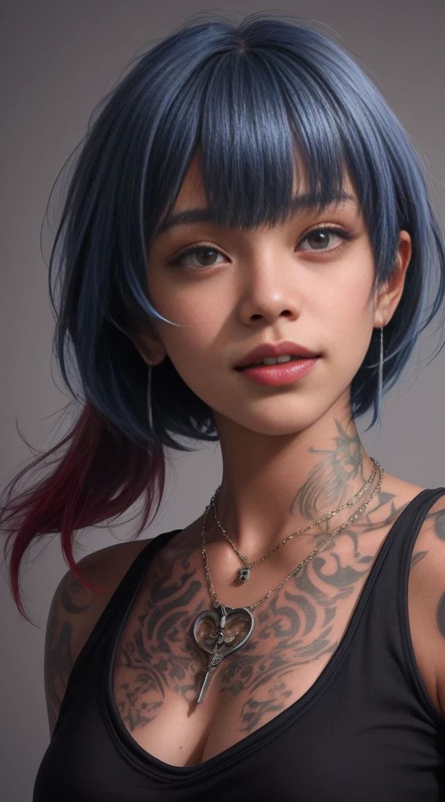 1 Close up portrait of 22-year-old woman with tattoos all over her face ((African American)), ((short, straight blue hair with bangs,)), smiling,((On his face々There are no tattoos)),( fleshy lips)big eye,red lipsticks,( Pils on the lips),necklace, earrings, and makeup, See the angle of the face up close, looking in camera,red hairs,sexypose