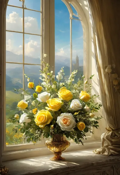 there is a large bouquet of flowers in front of a window, dreamy and detailed, stunning arcane scenery, beautiful atmospheric de...