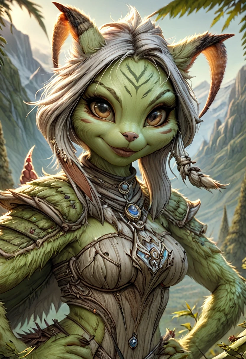 Anthropomorphic female grinch grasshopper mage. Official Art – Charecter profile. An Award-Winning Digital Masterpiece In 4K Ultra HD, Extreme Detail And Intricate Realism. Symmetrical Face. This Concept Art Brought To Life By The Hands Of Artists Like Wlop & Artgerm In A Stunning 2D Vector Illustration.Background Is A Panoramic Vista.
