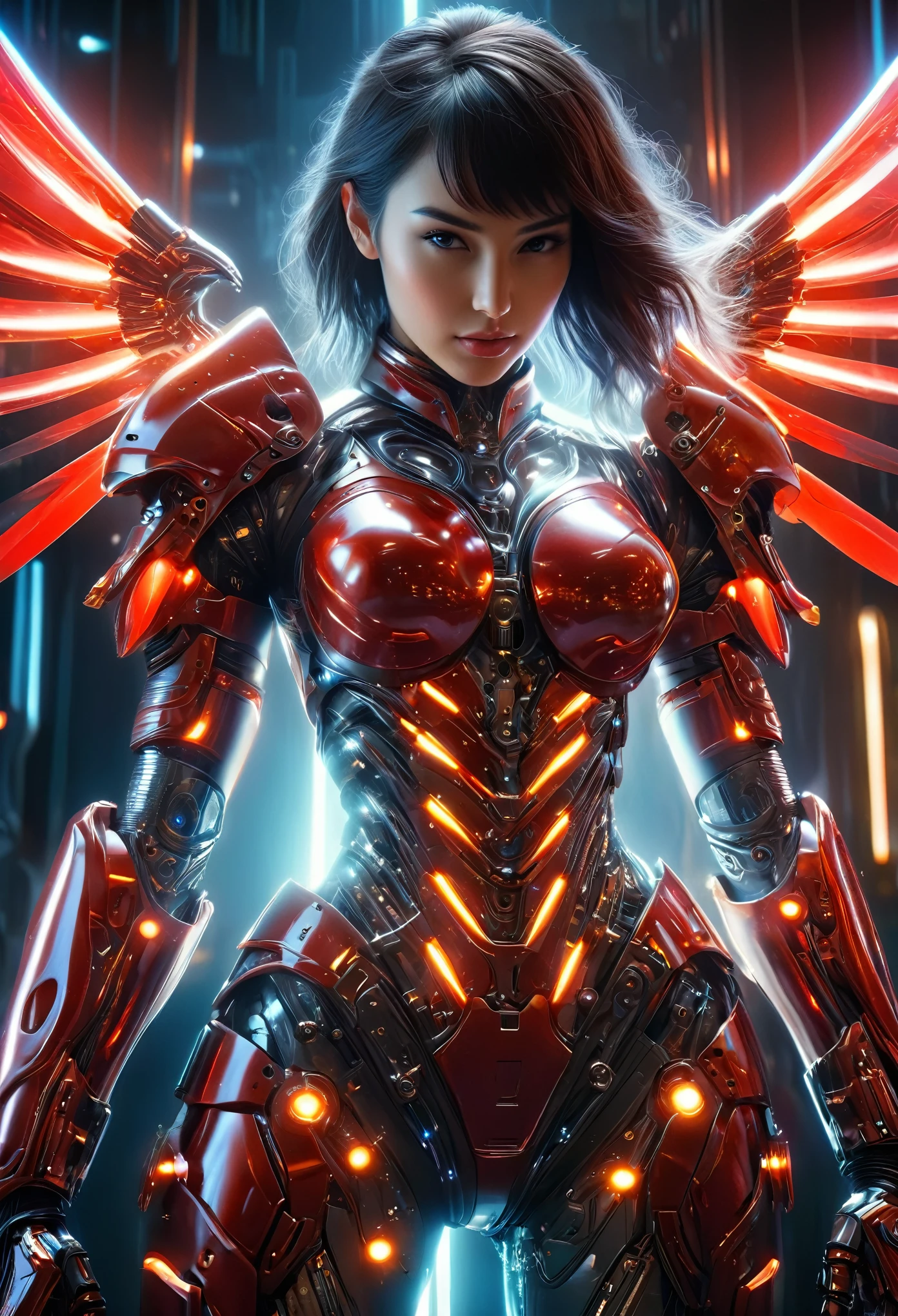 (Best Quality, 4K, 8K, High Resolution, Masterpiece: 1.2), (Super Detailed, Realistic, Photorealistic:1.37), A woman in futuristic clothing, (erotic and sexy:1.4), Trending on cgstation, Trending on cgstation, (Portrait of a girl in the Knights of the Zodiac:1.4), (blunt bangs:1.7), Cute Cyborg Girl, Perfect android girl, Portrait Astronaut Girl, Beautiful girl cyborg, Girl wearing iridescent and red mechanical cyber armor, Game CG, cgsociety and fenghua zhong, Beautiful Cyborg Shrine Maiden, Bioluminescence, (Gal Gadot:0.6), Anatomically correct grip, Anatomically correct four fingers and one thumb, (long claws:1.4), erotic and sexy, 