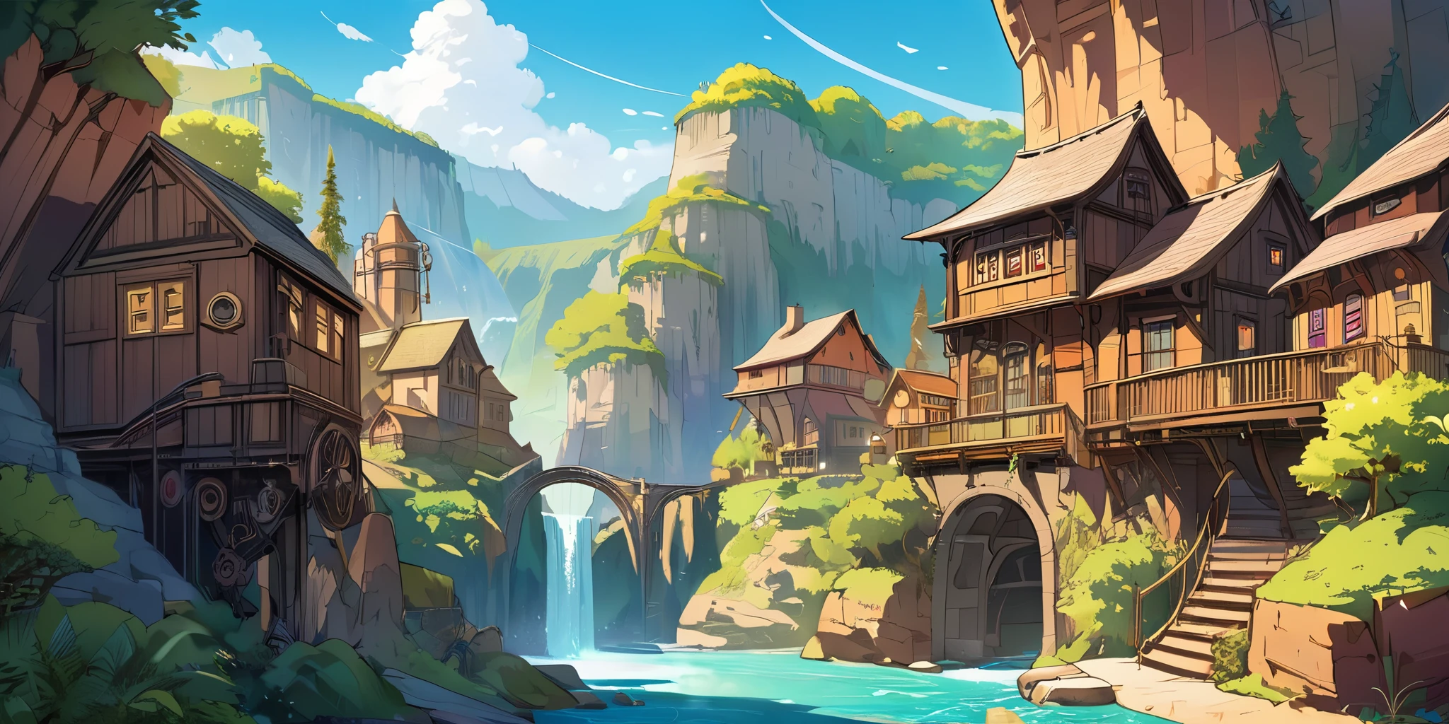 Draw a lofi anime poster, village, canyon, Steampunk decoration, cascade, Light, forest, beautiful color palette brown glass, couleurs saturées vibrantes, Artwork, Aucun humain, le jours, Anime Theme