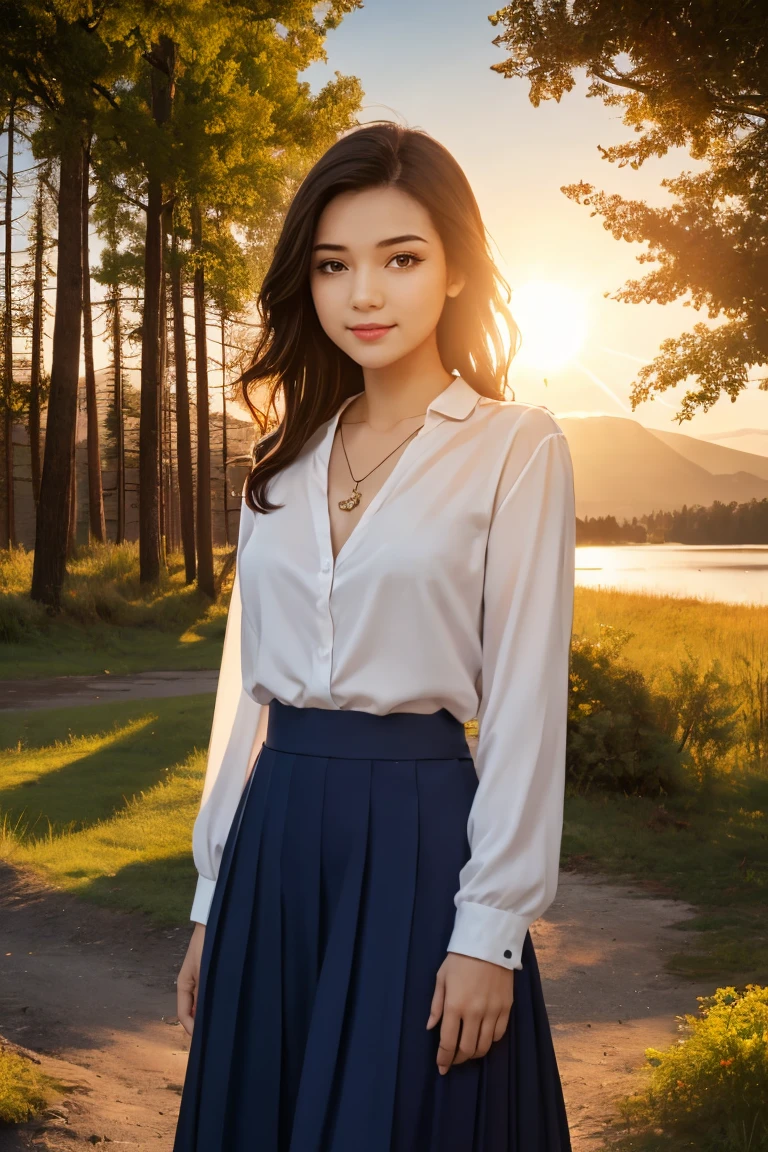 1 girl, happy expression, charming eyes, straight long hair, flowing skirt, big, looking at the sun, calm posture, porcelain-like skin, subtle blush, crystal pendant BREAK Golden Hour, (edge lighting): 1.2, cool colors, sun flare, soft shadows, bright colors, painting effects, fantastic atmosphere BREAK Scenic lakes, distant mountains, pine trees, mountain tops, reflections, sunlit clouds, tranquil atmosphere, idyllic sunrise, Ultra detailed, official art, unified 8k wallpapers, zentangle, mandala