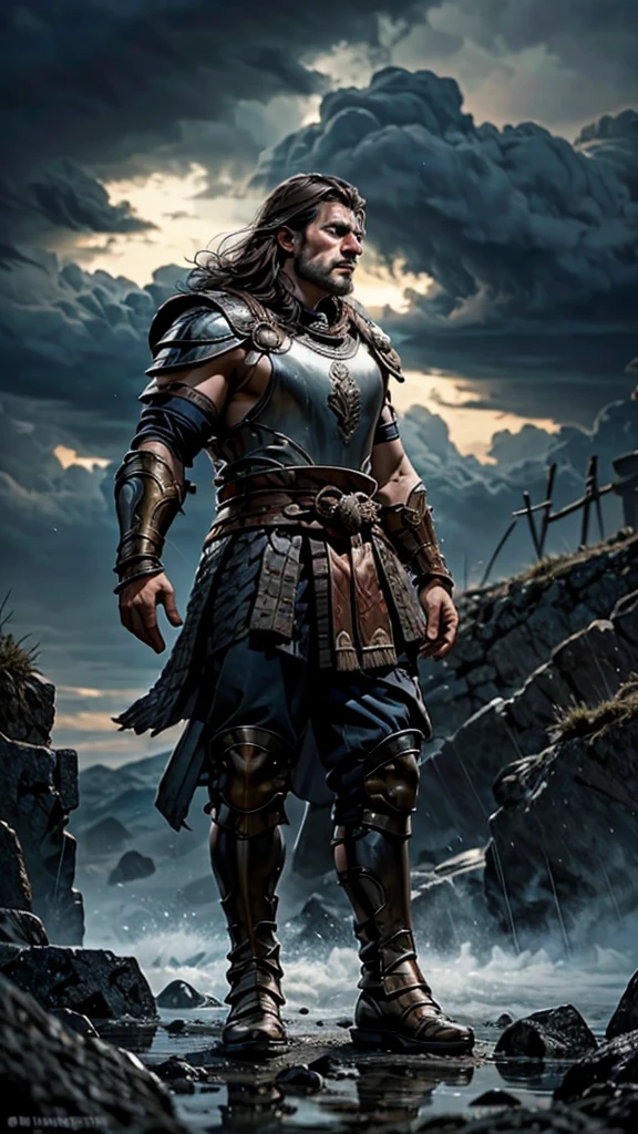 Create a close-up, profile view of a serious-faced man blending Greek, Viking, and gladiator styles. The man should have short, rugged hair that combines Viking and gladiator influences, while his facial features and a laurel wreath reflect classical Greek aesthetics. His face should exhibit an intense, contemplative expression, conveying strength and determination.

Surround his face with dramatic thunderstorms and flashes of lightning, enhancing the scene's dynamic energy and symbolizing the power of his philosophical reflections. The background should feature a tumultuous stormy sky in deep blues and grays, with the lightning illuminating his profile and creating striking contrasts. The image should evoke a sense of epic grandeur and fierce determination, integrating elements from Greek, Viking, and gladiatorial imagery to underscore the theme of strength and inner power.