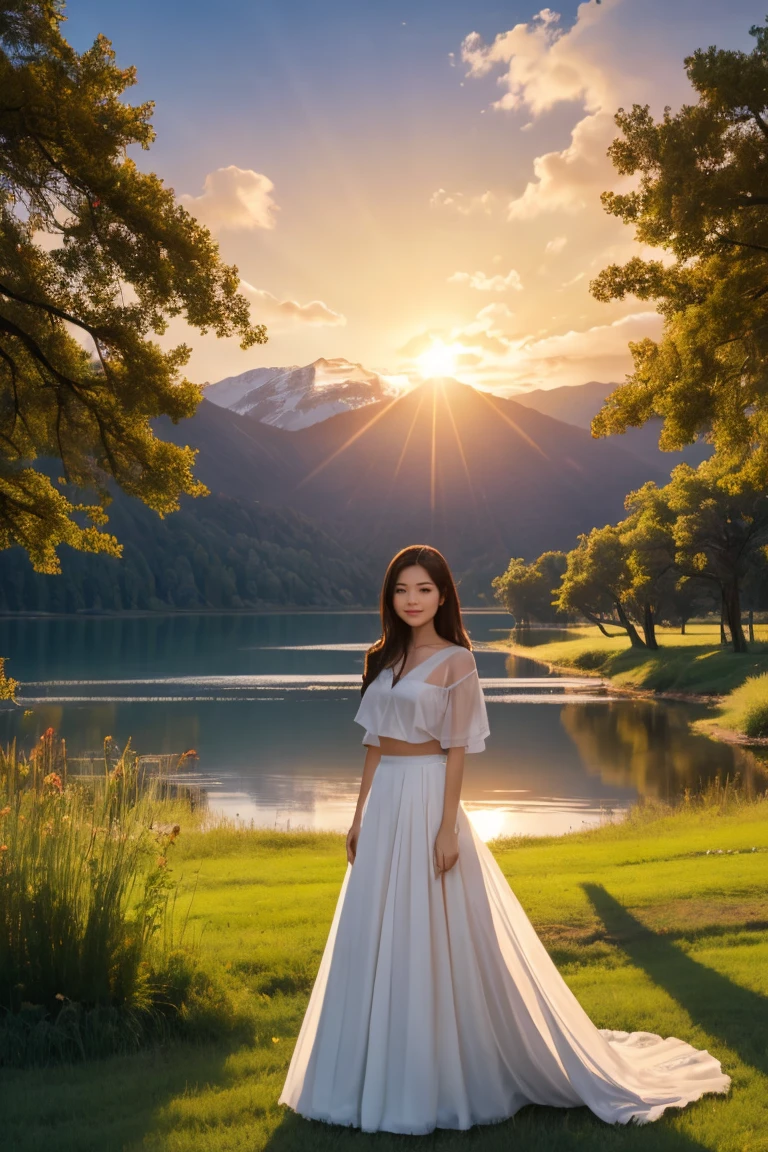 1 girl, happy expression, charming eyes, straight long hair, flowing skirt, big, looking at the sun, calm posture, porcelain-like skin, subtle blush, crystal pendant BREAK Golden Hour, (edge lighting): 1.2, cool colors, sun flare, soft shadows, bright colors, painting effects, fantastic atmosphere BREAK Scenic lakes, distant mountains, pine trees, mountain tops, reflections, sunlit clouds, tranquil atmosphere, idyllic sunrise, Ultra detailed, official art, unified 8k wallpapers, zentangle, mandala