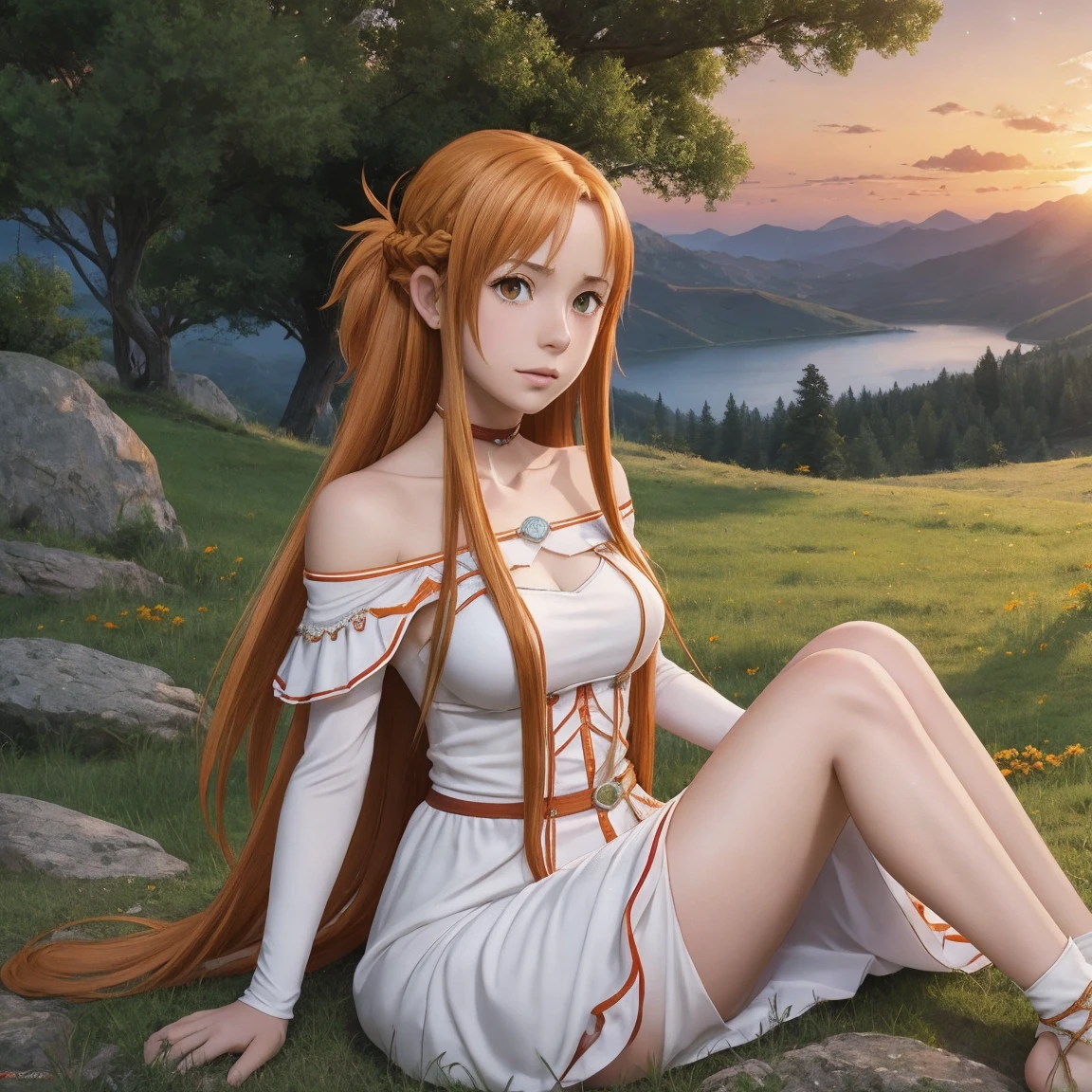 score_9, score_8_up, score_7_up, score_6_up, uncensored, Asuna Yuuki long hair, orange hair, fold hair, braid, orange eyes, breasts, epic art, fantasy, 1girl, grass, solo, barefoot, sitting, breasts, mountain, sunset, dress, bare_shoulders, outdoors, looking_at_viewer, off_shoulder, field, sky, lake, collarbone, mountainous_horizon, indian_style, twilight, tree, black_dress, large_breasts, scenery, medium_breasts, feet, off-shoulder_dress, (bokeh:1.3), rock, 