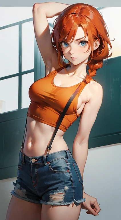 RanmaChan, Red hair, Hair with braid, blue eyess, eyes detailed, masterpiece,High resolution,8k,Detailed anatomy (Foggy_Pokemon)(One 18-year-old girl) (Berry Short,Orange Hair,One-sided up hair,Big green eyes,Small breasts,skinny) (Yellow Sleeveless T-Shirt,Navel exposed,Denim hot pants,Red suspenders,sneakers) There&#39;s a soul in my eyes.