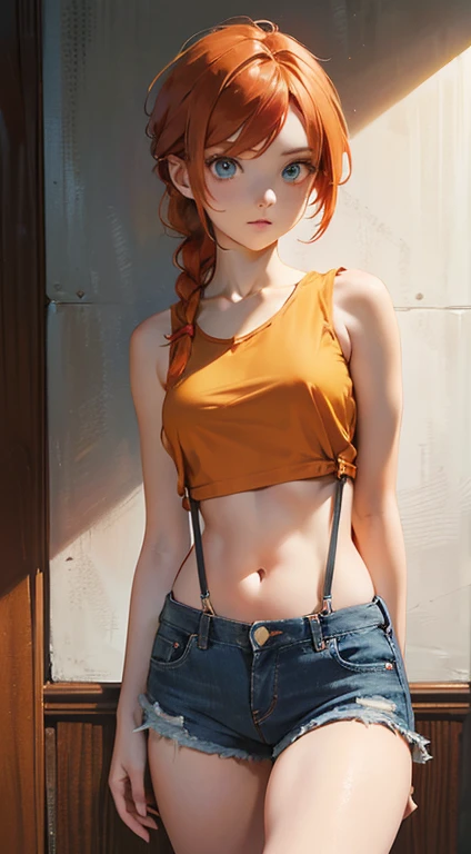 RanmaChan, Red hair, Hair with braid, blue eyess, eyes detailed, masterpiece,High resolution,8k,Detailed anatomy (Foggy_Pokemon)(One 18-year-old girl) (Berry Short,Orange Hair,One-sided up hair,Big green eyes,Small breasts,skinny) (Yellow Sleeveless T-Shirt,Navel exposed,Denim hot pants,Red suspenders,sneakers) There&#39;s a soul in my eyes.