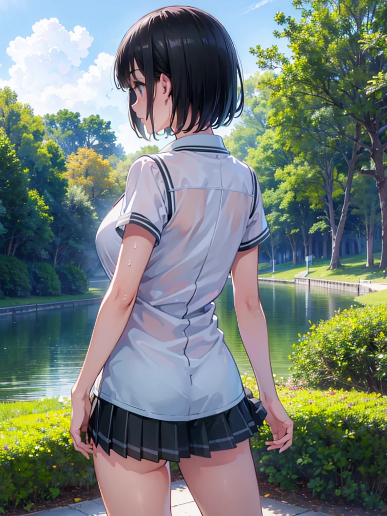 (Highest quality, masterpiece, Ultra-high resolution, (Photorealistic:1.4), RAW Photos),One girl,chool uniform,(wet:1.1), short sleeve,no skirt ,show off hip,no panties,no bra,(Very short black hair, Amazingly cute face, Very beautiful big black eyes)), Very lean body, Very flat and beautiful Massive Breasts and a beautiful ass,blush,Showcasing cleavage, legs, stretch legs, hip,spread legs, (back pose:1.3),View Viewer, Detailed face, Fine grain, Detailed Hair, Detailed body, Thigh details,