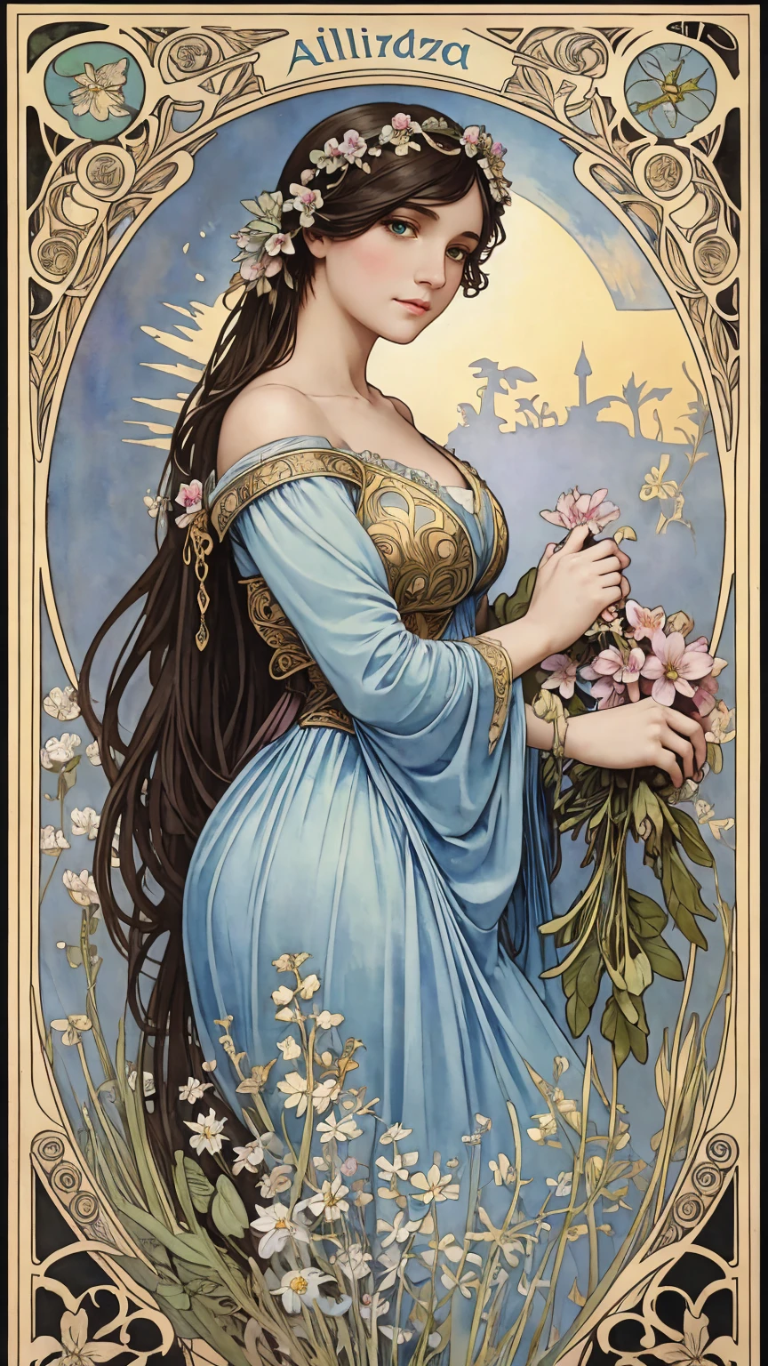 An ultrafine detailed watercolor painting of a gorgeous woman with flowers in her hair, in the style of Alphonse Maria Mucha and Gustav Kilmt, art nouveau accents, fairy princess, anthropomorphic female, female figure, detailed cover artwork, as the goddess of the flowers, Alphonse Mucha, Gustav Klimt, pale bluish skin, a marble sculpture, cgsociety, gothic art, art nouveau, behance contest winner