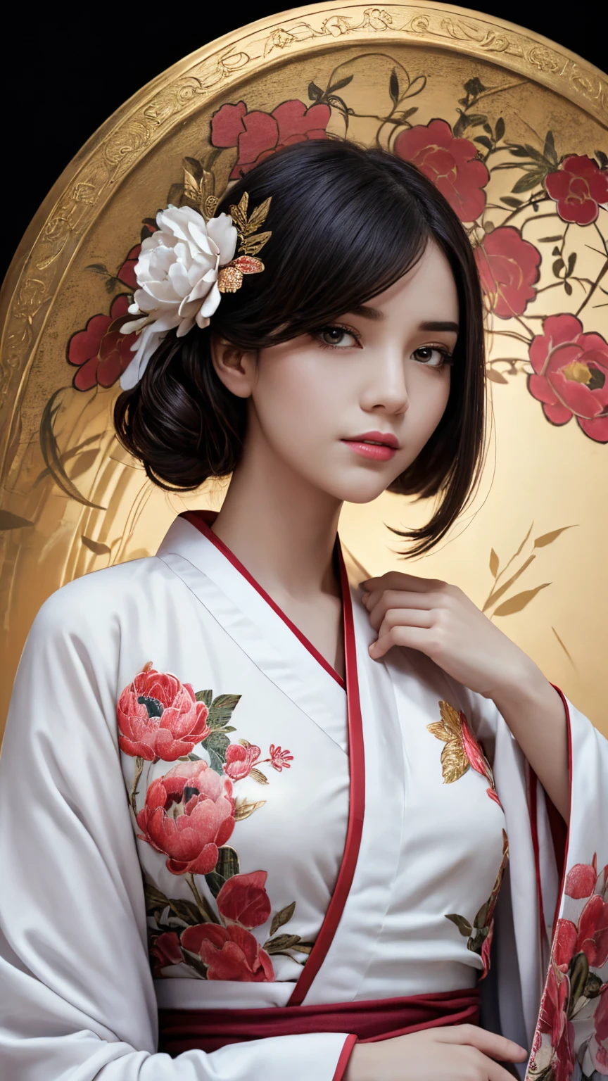 A girl, wearing hanfu, peony garden, butterfly, (negative space:1.4), fusion of art nouveau styles with gongbi painting, gold and white and red hue, Mucha style, (Cinematic lighting, ethereal light, intricate details, extremely detailed, incredible details, full colored), complex details, hyper maximalist, gorgeous light and shadow, detailed decoration, detailed lines. masterpiece, best quality, HDR, UHD, unreal engine. looking at the camera, fair skin, beautiful fac