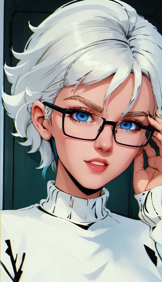 Happy cutie girl, White hair, sweater, blue colored eyes, glasses, happy