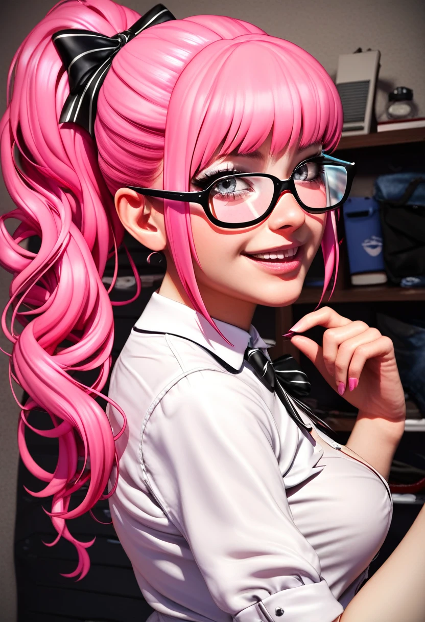 lolita, glasses, ponytail, pink hair, button down white shirt, gray eyes,1girl, gorgeous, blouse, 4k, hd, room, looking at the viewer, repaired eyes, correct anatomy, natural colors, realistic, closet-up, from below, gesugao, sadistic, sexy pose, portrait