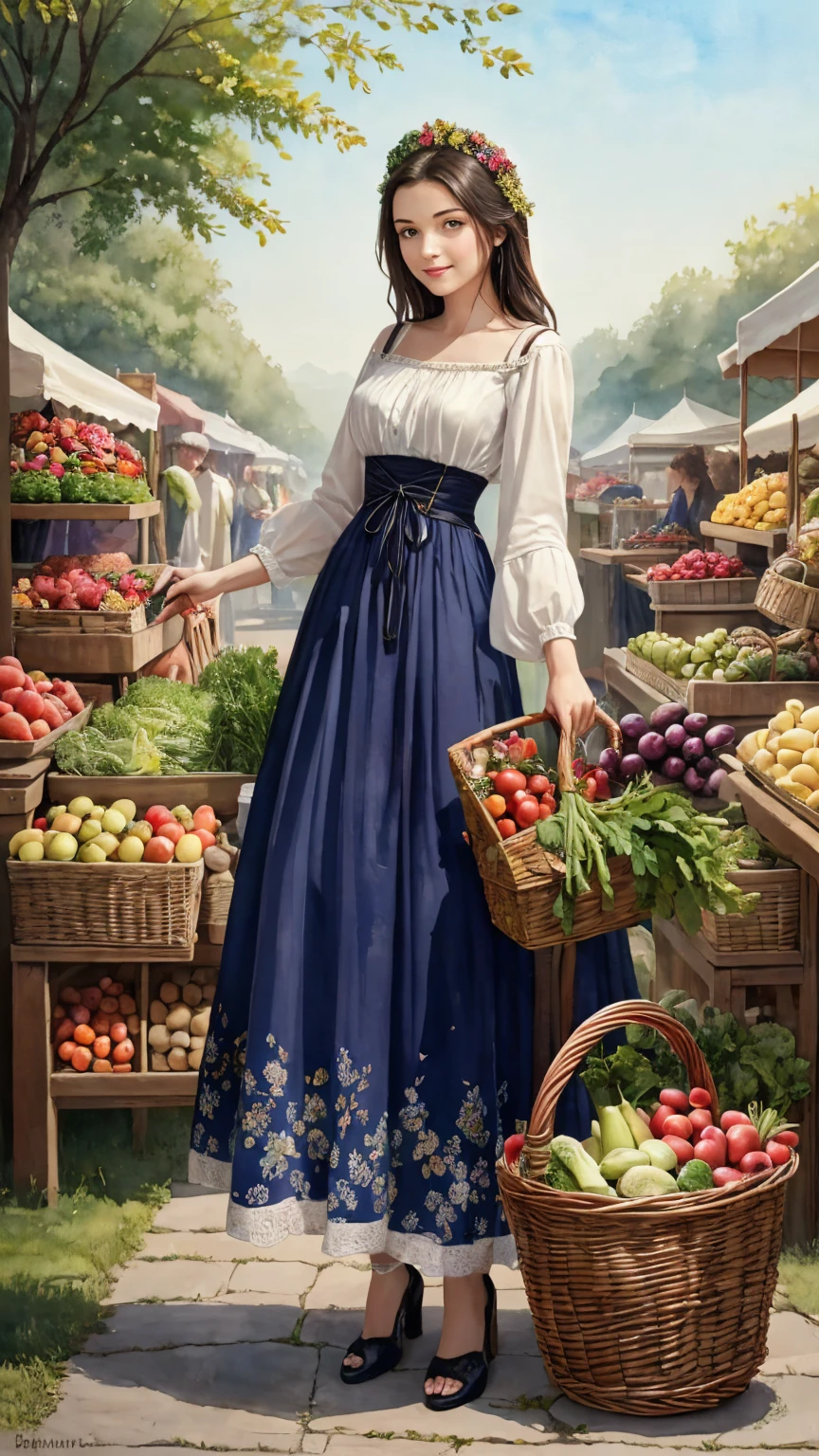 A whimsical watercolor depiction of a medieval maiden clad in intricately patterned Swedish attire, amidst a vibrant farmer's market. She holds a basket overflowing with colorful vegetables and fruits, set against a mystical backdrop of ancient stones and verdant foliage. Delicate brushstrokes bring the scene to life, as the simple yet elegant design transports the viewer to a bygone era.