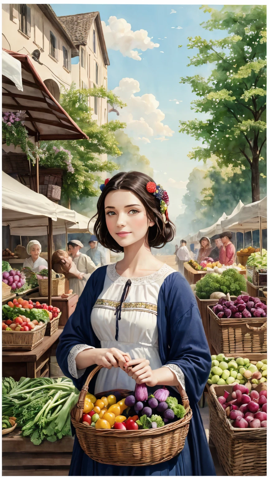 A whimsical watercolor depiction of a medieval maiden clad in intricately patterned Swedish attire, amidst a vibrant farmer's market. She holds a basket overflowing with colorful vegetables and fruits, set against a mystical backdrop of ancient stones and verdant foliage. Delicate brushstrokes bring the scene to life, as the simple yet elegant design transports the viewer to a bygone era.