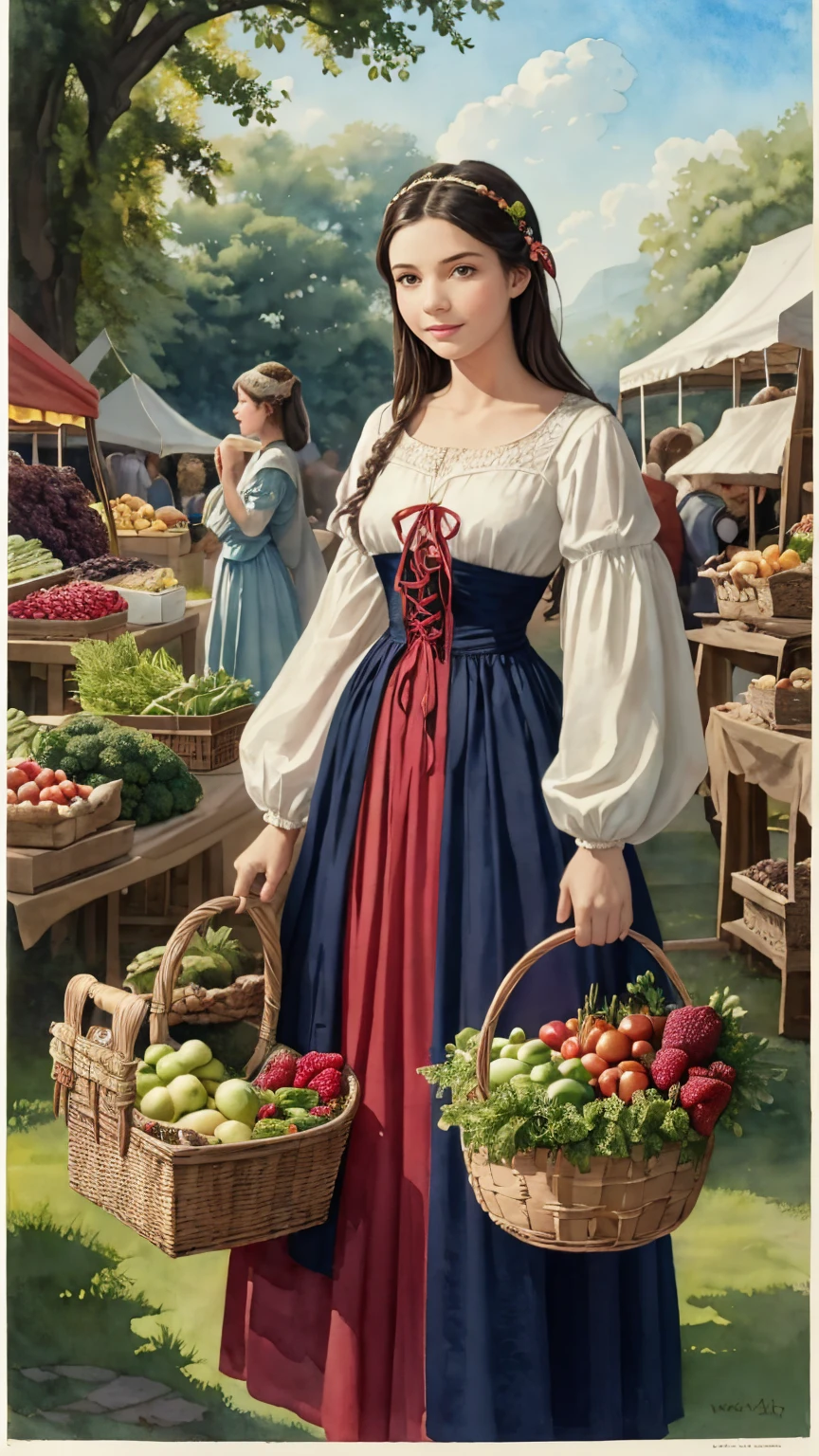 A whimsical watercolor depiction of a medieval maiden clad in intricately patterned Swedish attire, amidst a vibrant farmer's market. She holds a basket overflowing with colorful vegetables and fruits, set against a mystical backdrop of ancient stones and verdant foliage. Delicate brushstrokes bring the scene to life, as the simple yet elegant design transports the viewer to a bygone era.
