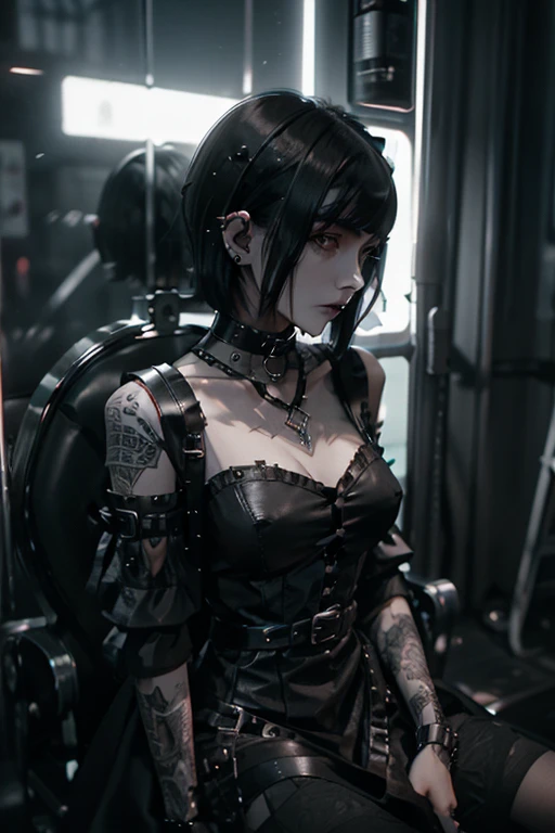 A female goth woman, dressed in a half-length gothic dress, short hair hair, leather choker neklace, cyberpunk vampire woman glass sculpture dress with emo clothes, black and White color, black hair with a white lock of hair