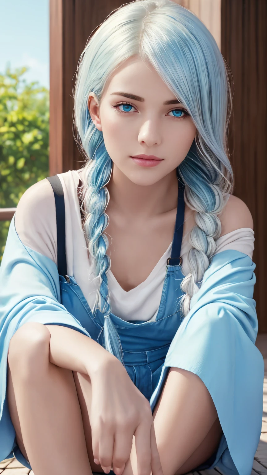 1girl, orange sleeves, white hair, white skin, light blue hair ornament, blue suspenders, blue clothes, light blue eyes, bare feet, double braids, detailed portrait, highly detailed, elegant, beautiful, serene, soft lighting, pastel colors, delicate, (best quality,4k,8k,highres,masterpiece:1.2),ultra-detailed,(realistic,photorealistic,photo-realistic:1.37)