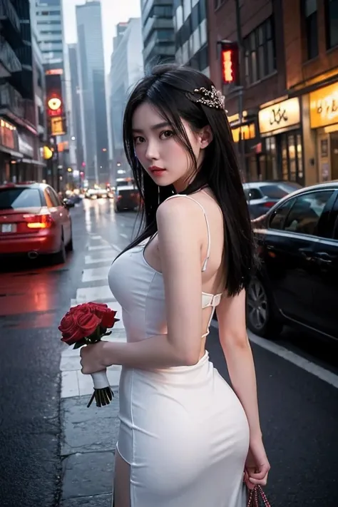 scene overview: a beautiful young thai woman with fair skin and an oval face, aged 20-25, wearing a white sexy dress and holding...