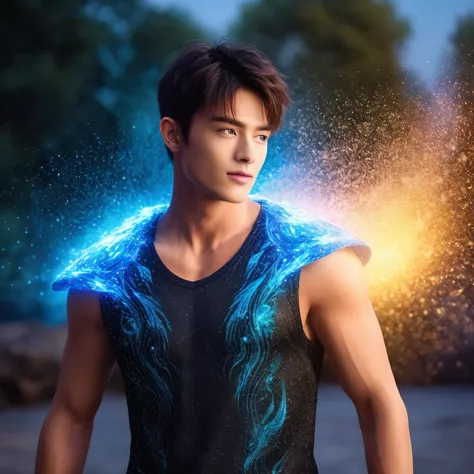 one realistic male with blue eyes and a muscular body with  magical aura,  flying in air in a magical world at night glitters al...