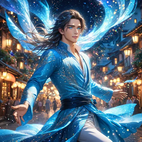 one realistic male with blue eyes and refined body with long hair  magical aura emitting magic,  flying in air in a magical fant...