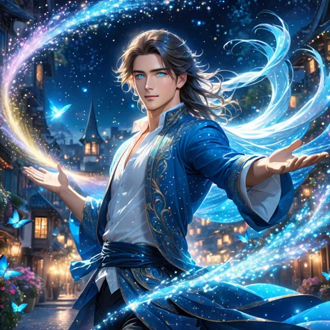 one realistic male with blue eyes and refined body with long hair  magical aura emitting magic,  flying in air in a magical fant...