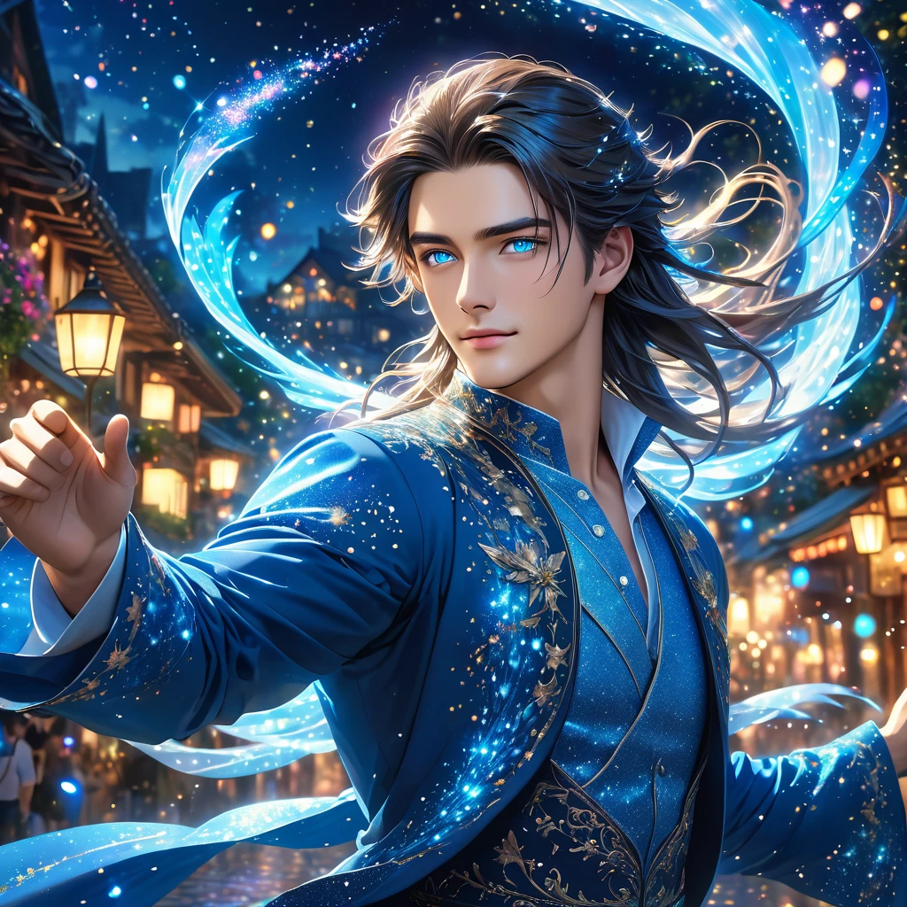 One realistic male with blue eyes and refined body with long hair  magical aura emitting magic,  flying in air in a magical fantasy world at night glitters all over 