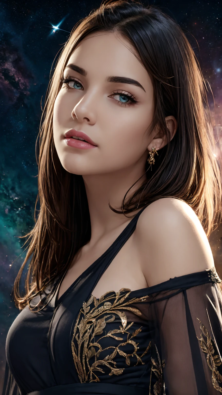 masterpiece, best quality, (extremely detailed CG unity 8k wallpaper, masterpiece, best quality, ultra-detailed, best shadow), (detailed background), (beautiful detailed face, beautiful detailed eyes), High contrast, Realistic woman, frecles, (best illumination, an extremely delicate and beautiful), short hair, hair ornament, accessories, piercing, intricate background, colorful light_particles, space, dark background, 