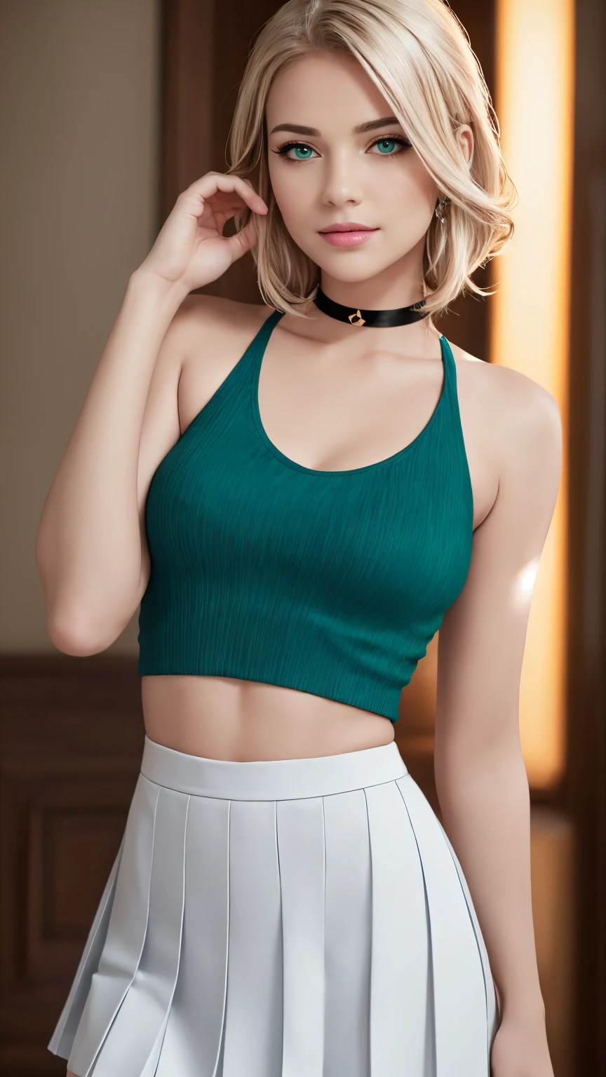 A beautiful woman with platinum blonde hair in a chignon hairstyle, collarbone, spiked hair, small breasts, green eyes, choker, blue t-shirt, (pleated skirt:1.2), jewelry (best quality,4k,8k,highres,masterpiece:1.2),ultra-detailed,(realistic,photorealistic,photo-realistic:1.37),extremely detailed face and eyes,beautiful detailed lips,longeyelashes,highly detailed skin,studio lighting,vivid colors,elegant,fashion photography,graceful pose