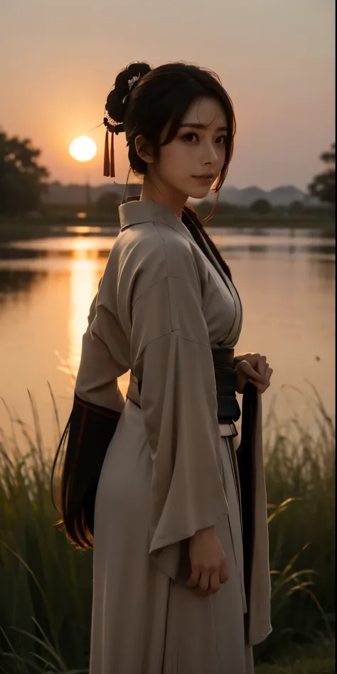 a lone samurai woman standing in a tranquil field during dusk, inspired by the sengoku period of japan. she wears traditional bl...