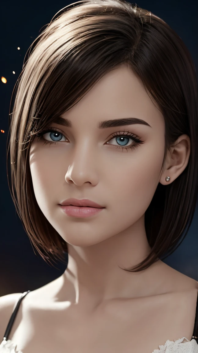 masterpiece, best quality, (extremely detailed CG unity 8k wallpaper, masterpiece, best quality, ultra-detailed, best shadow), (detailed background), (beautiful detailed face, beautiful detailed eyes), High contrast, Realistic woman, frecles, (best illumination, an extremely delicate and beautiful), short hair, hair ornament, accessories, piercing, intricate background, colorful light_particles, space, dark background, 