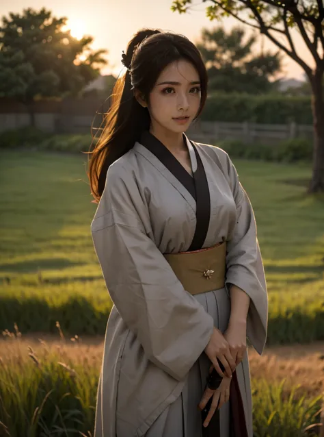 a lone samurai woman standing in a peaceful field at dusk, ready to draw her katana. she is wearing traditional samurai attire f...