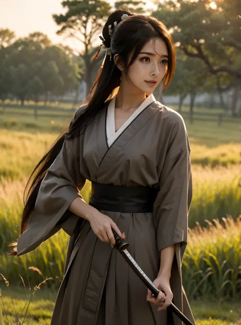 a lone samurai woman standing in a peaceful field at dusk, ready to draw her katana. she is wearing traditional samurai attire f...