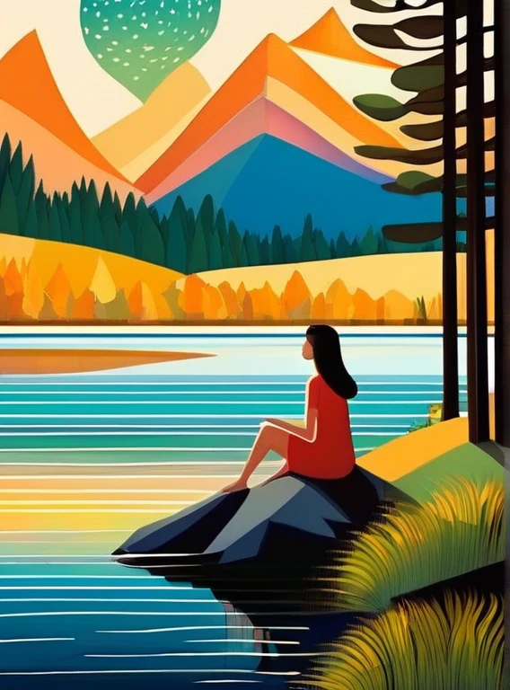 1 girl sitting near the shore,
trees
flat color 
lake
 detailed 
patterned background, 
(art by Jane Newland)