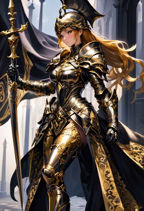 a close up of a woman in armor with a sword, stunning armor, wearing fantasy armor, very stylish fantasy armor, gold heavy armor...