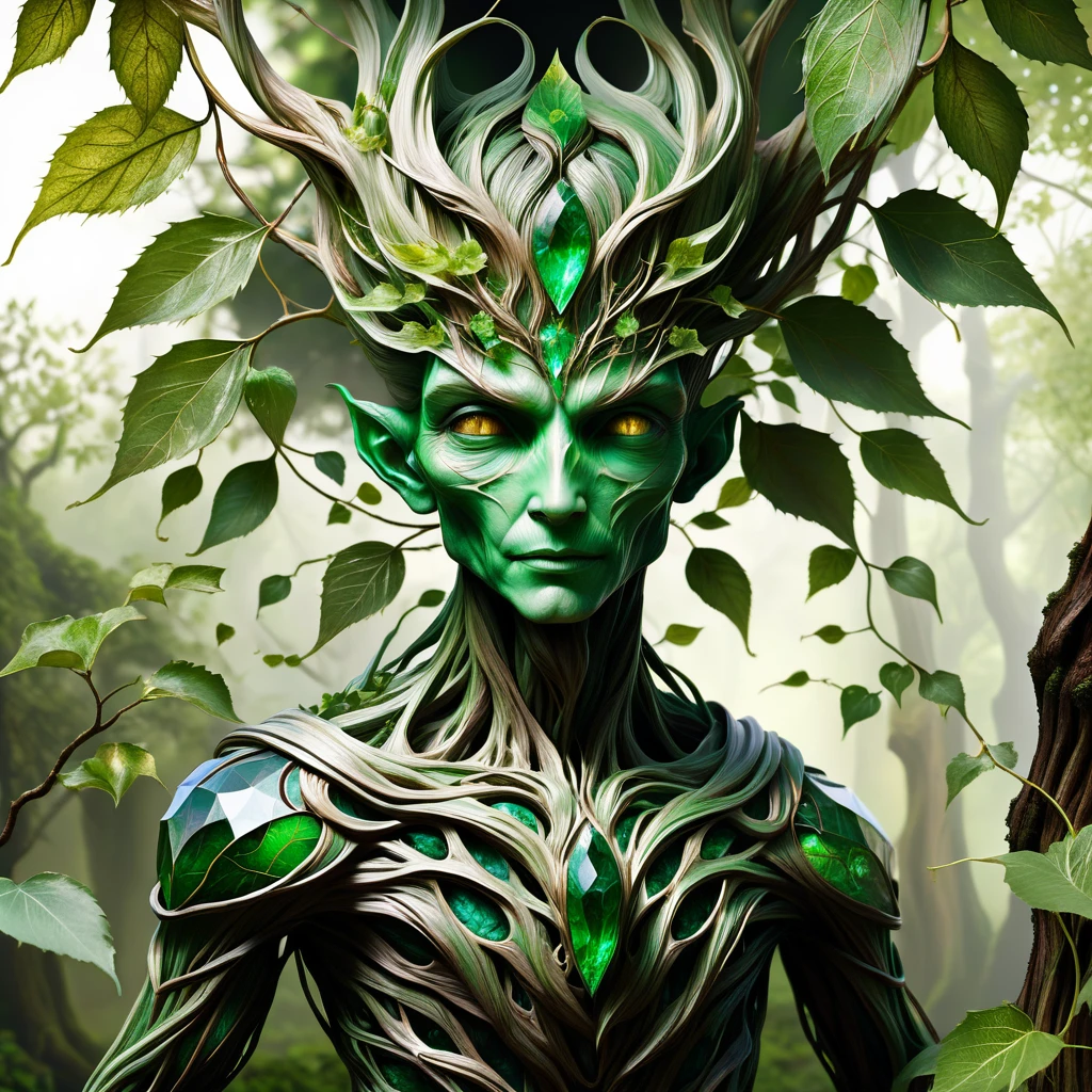 Physical Appearance:

Age: Appears ageless; has lived for centuries

Height: 5'8" (173 cm)

Build: Slender and willowy, embodying grace and elegance

Skin: Bark-like texture with subtle green hues; cracked and peeling due to stress

Hair: Cascade of ivy-like strands with leaves and blossoms intertwined

Eyes: Deep emerald green, reflecting wisdom and sadness