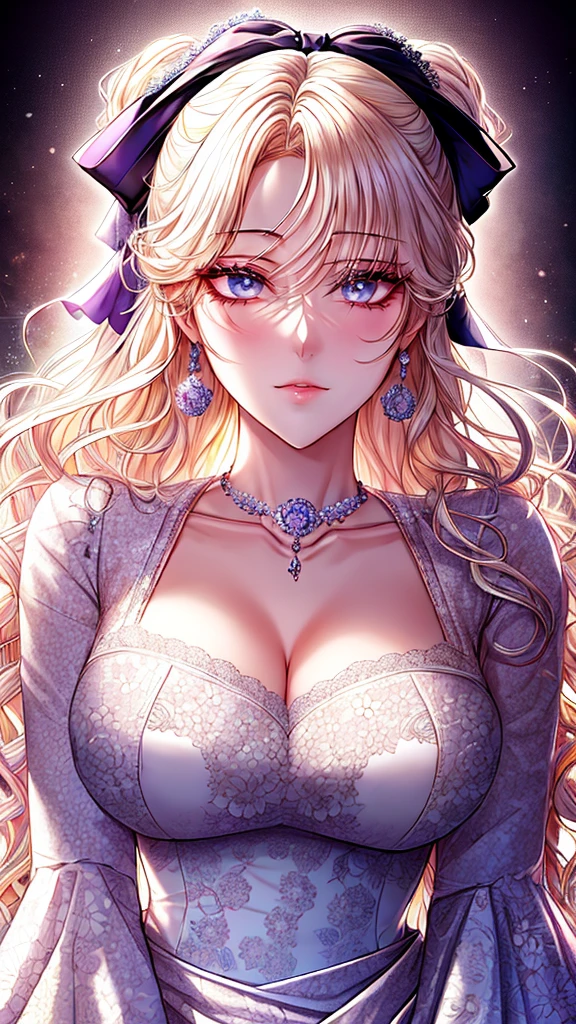 Kuroume_1024, ((shoujo-style, floral background, romance manhwa)), (close up), (1girl:1.2), platinum-blonde hair, solo, long hair, flower, dress, thick eyeblows, blue flower, wavy hair, closed mouth, collarbone, breast, cleavage, puffy sleeve, white dress, purple dress, elbow gloves, earrings, necklace, hair bow, face focus, beautiful face, detailed eyes, pupil, looking at viewer