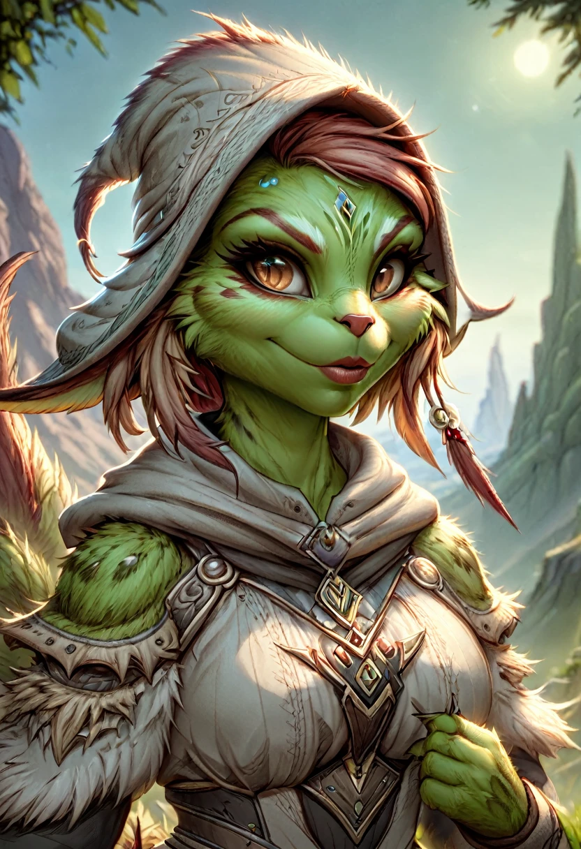 Anthropomorphic female grinch grasshopper mage. Official Art – Charecter profile. An Award-Winning Digital Masterpiece In 4K Ultra HD, Extreme Detail And Intricate Realism. Symmetrical Face. This Concept Art Brought To Life By The Hands Of Artists Like Wlop & Artgerm In A Stunning 2D Vector Illustration.Background Is A Panoramic Vista.
