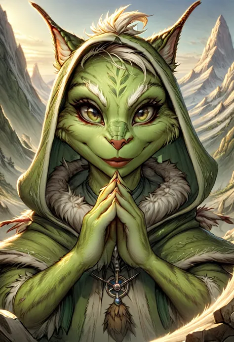 anthropomorphic female grinch grasshopper mage. official art – charecter profile. an award-winning digital masterpiece in 4k ult...