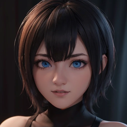 Face beautiful blue eyes short hair with bangs style bob, perfect detailed 3D rendering high resolution wallpaper fanart Stunning 