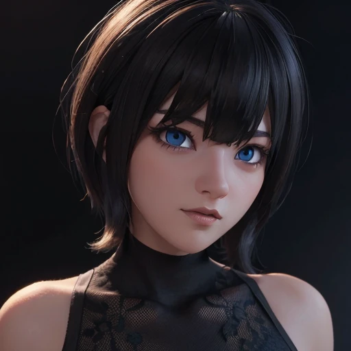 Face beautiful blue eyes short hair with bangs style bob, perfect detailed 3D rendering high resolution wallpaper fanart Stunning 