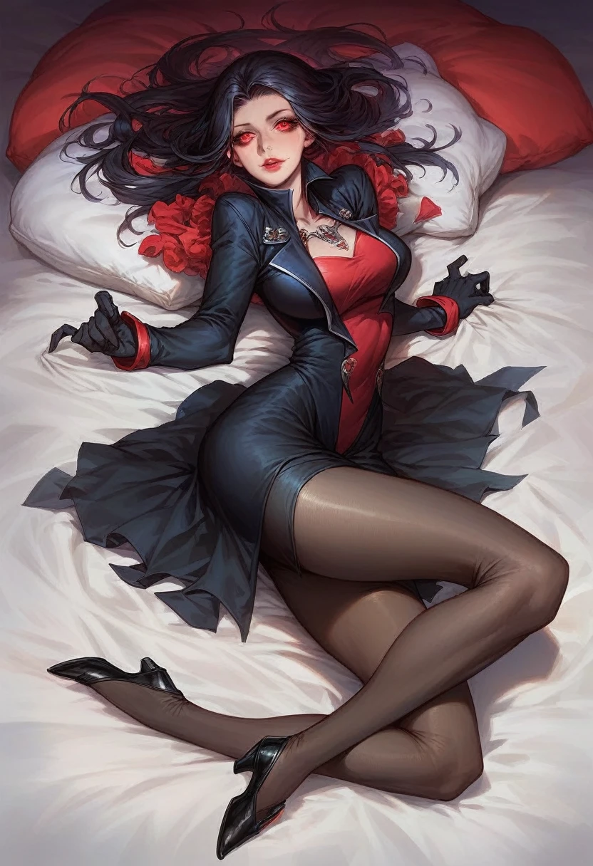 Ellen Joe wears a black dress with red details., Red eyes, masterpiece, very detailed animation, High-Quality Animation, very detailed animation, high graphics, best cg, Unreal 5, Best Quality, Animation Improvement, pretty eyes, beautiful face, detailed eyes, detailed face, full body, in bed,  