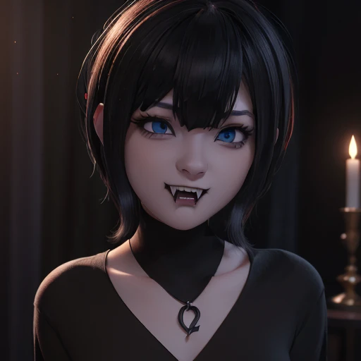 Face beautiful blue eyes short hair with bangs style bob, showing long fangs vampire, makeup, perfect detailed 3D rendering high resolution wallpaper fanart Stunning 