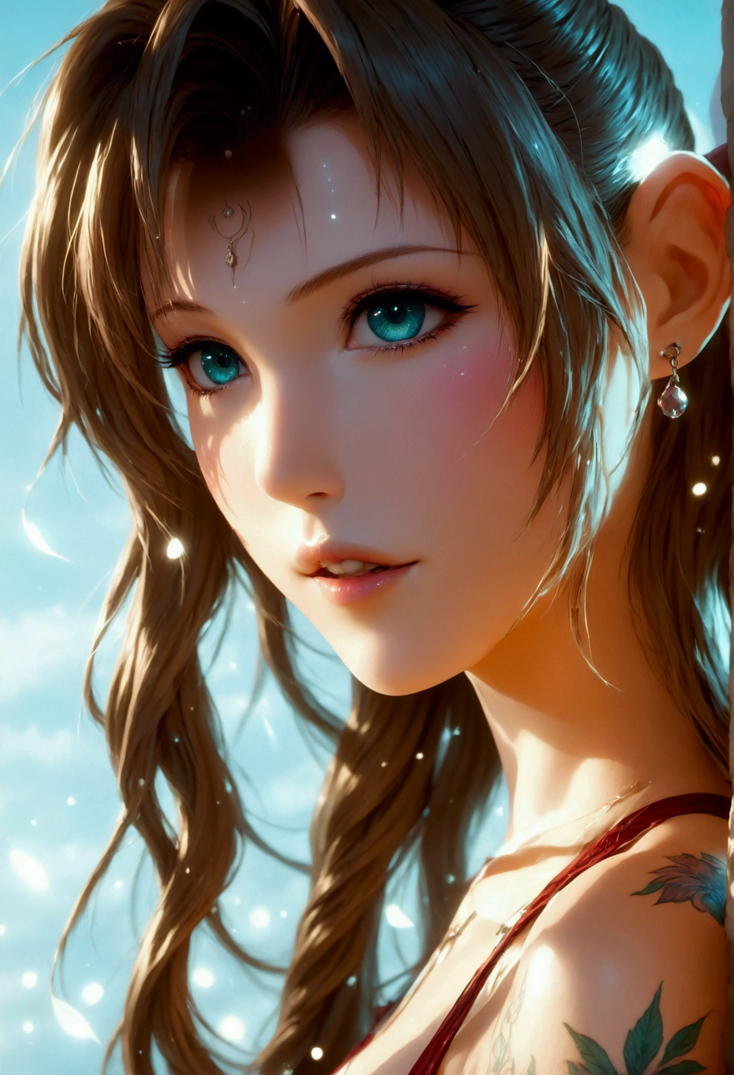 Create a hyper detailed photograph of a tattooed young sexy aerith, Stunningly perfect gorgeous feminine face, perfect teeth, perfect makeup, detailed vibrant eyes, long flowing hair, beautiful legs, beautiful arms, perfect hour glass body figure, detailed smooth skin, large breast, perfect round ass, complete full body view,