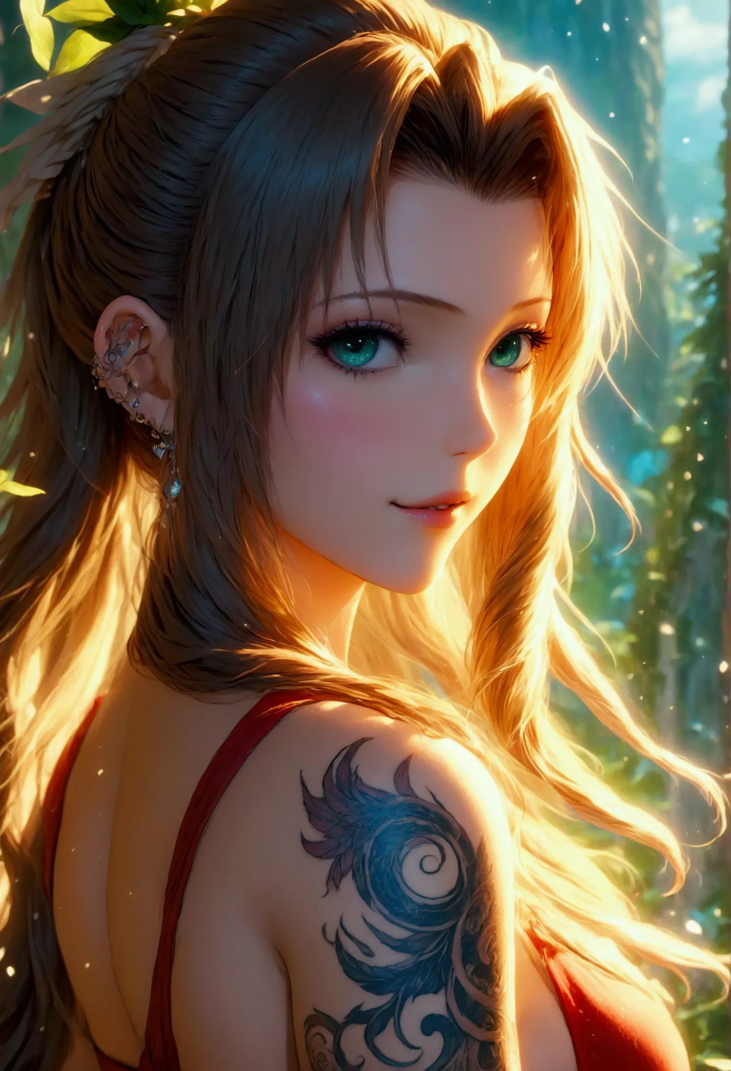 create a hyper detailed photograph of a tattooed young sexy aerith, stunningly perfect gorgeous feminine face, perfect teeth, pe...