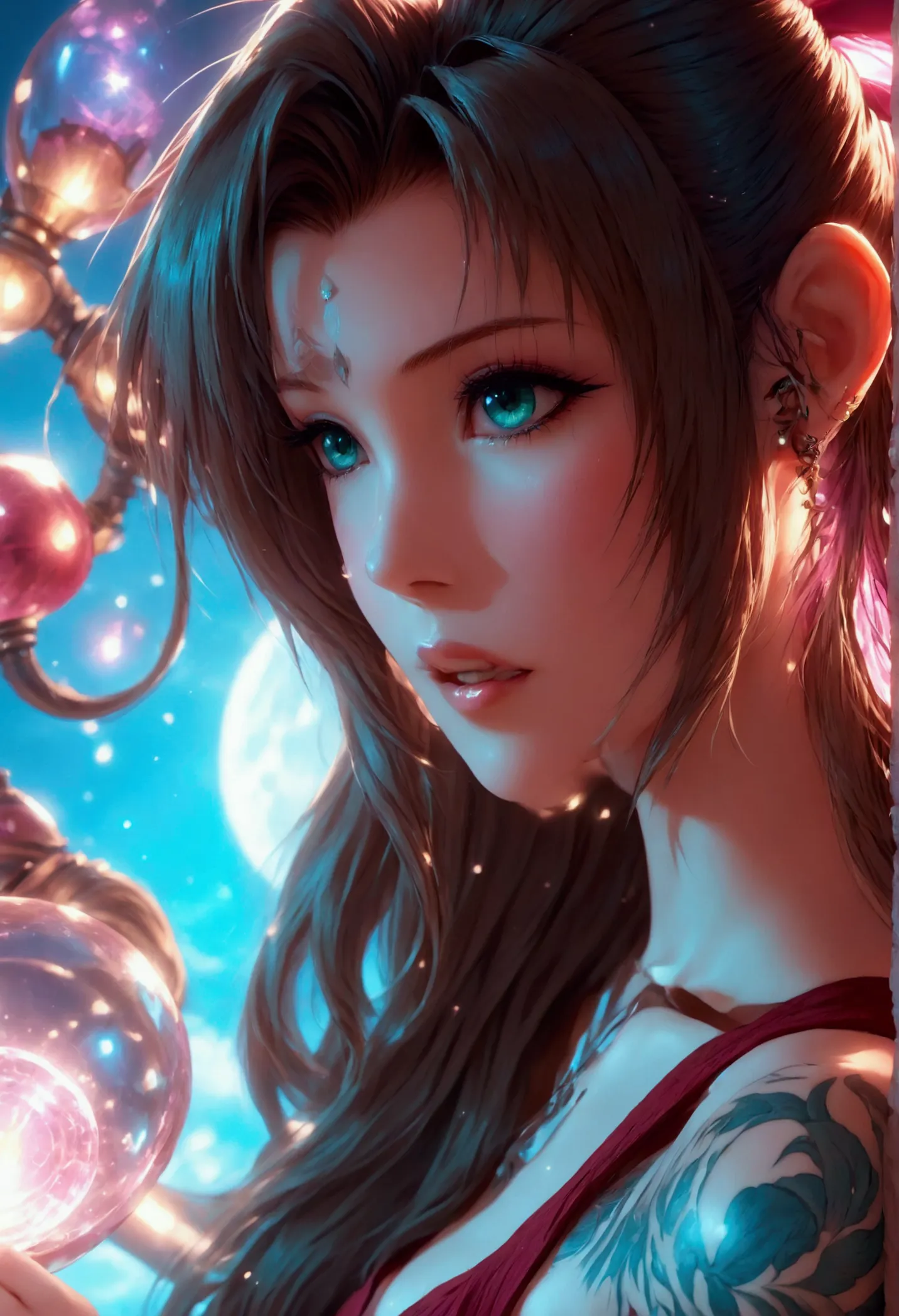 create a hyper detailed photograph of a tattooed young sexy aerith, stunningly perfect gorgeous feminine face, perfect teeth, pe...